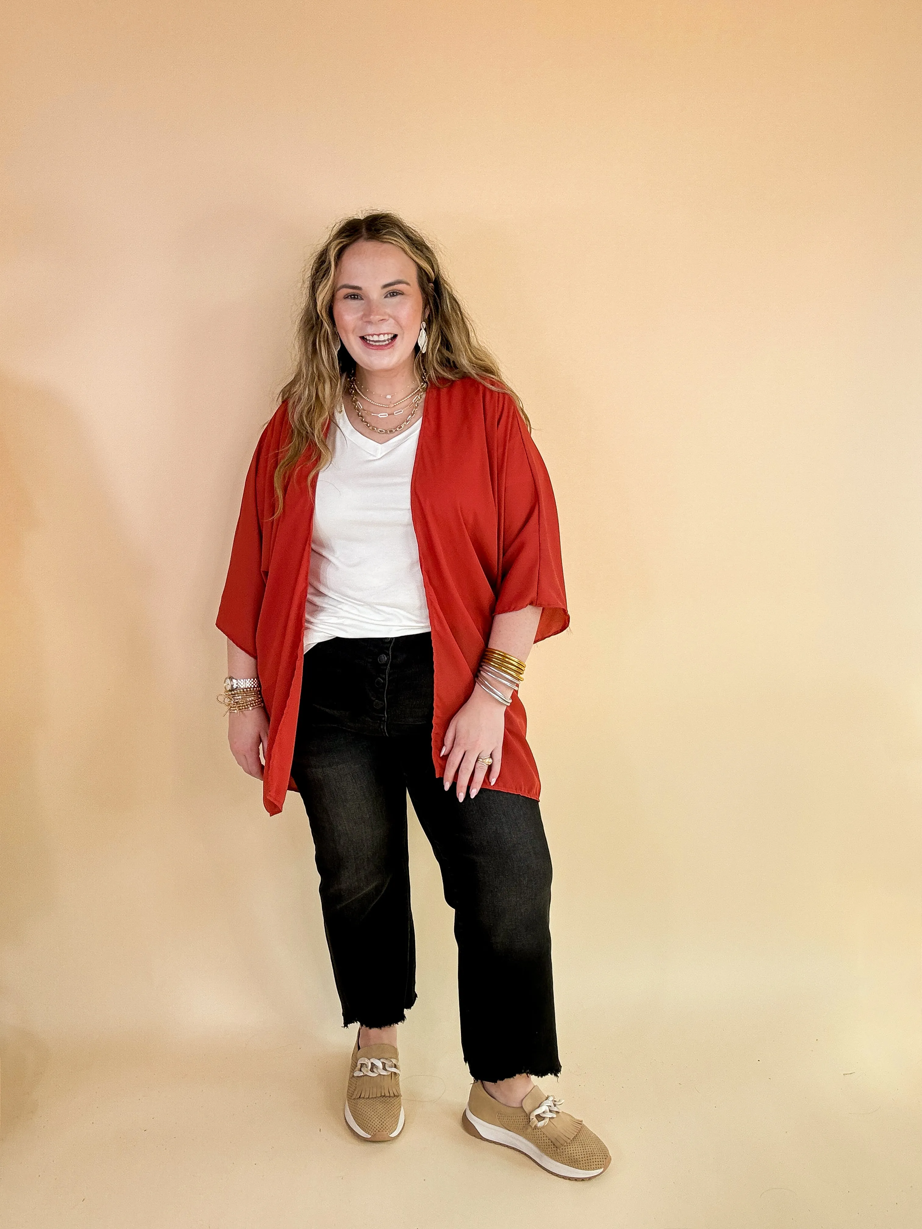 Like a Melody Solid Sheer Kimono in Rust Red